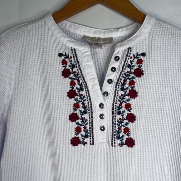 Woman Within White Embroidered Bodice Long Sleeve Thermal Top Size 14/16 - Picture 3 of 7